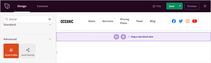 Adding the Social Profiles block in the header in SeedProd Adding the Social Profiles block in the header in SeedProd