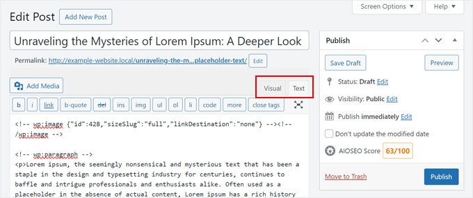 The text editing mode in the WordPress classic editor The text editing mode in the WordPress classic editor