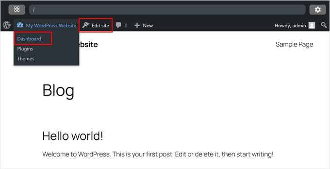 Apertura dell'editor di amministrazione o dell'editor del sito completo in WordPress Playground
