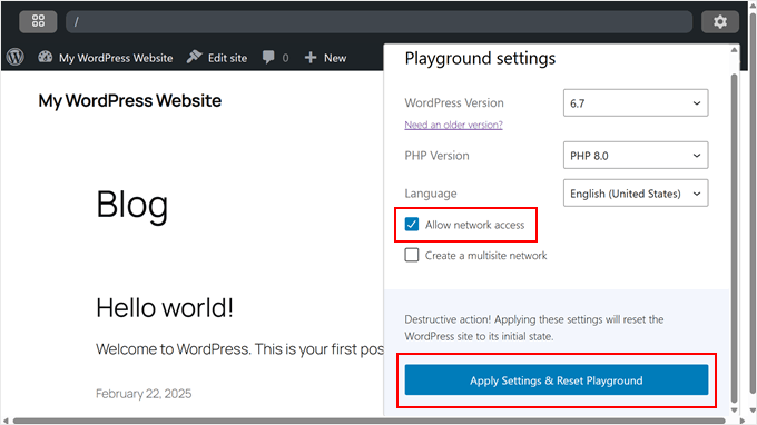 Abilitazione dell'accesso alla rete in WordPress Playground