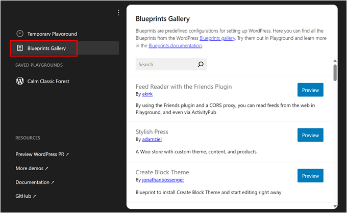 Galleria dei blueprint di WordPress Playground