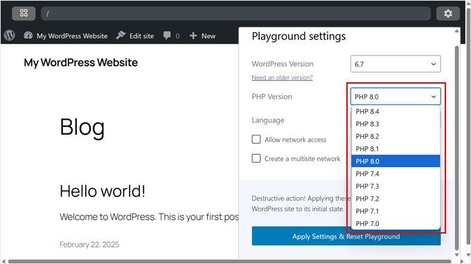 Scelta di una versione PHP in WordPress Playground