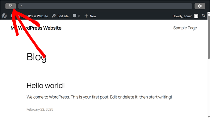 Cliccare sul pulsante dei quattro quadratini in WordPress Playground