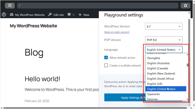 Scelta di una lingua di amministrazione in WordPress Playground