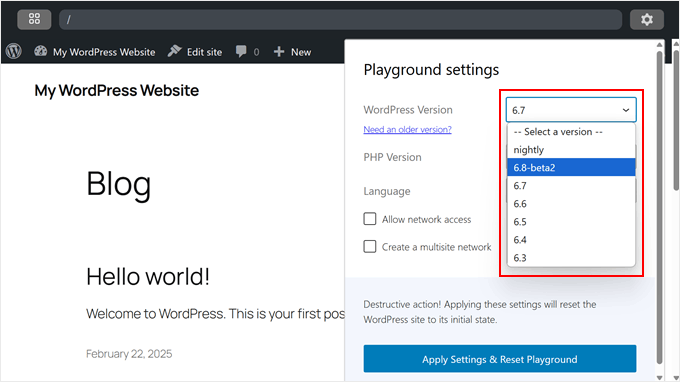 Scelta di una versione di WordPress in Playground