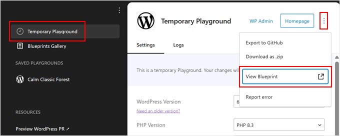 Visualizzazione di un'istanza di WordPress Playground come blueprint