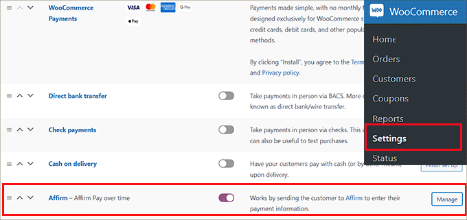 Affirmオプションの横にある「管理」ボタンをクリックします Affirmオプションの横にある「管理」ボタンをクリックします