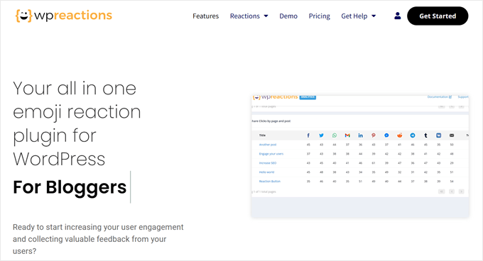La page d'accueil de WP Reactions