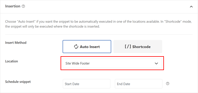 Alegerea Site Wide Footer pentru locația fragmentului de cod în WPCode