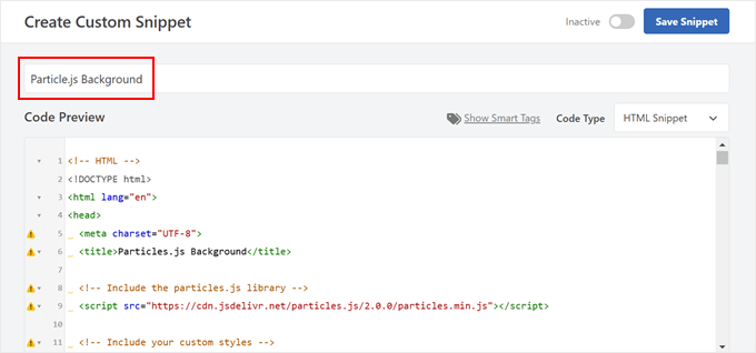 Denumirea unui snippet de cod particle.js în WPCode
