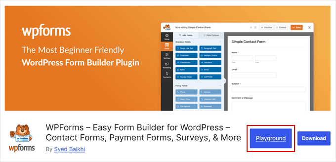 Apertura del plugin WPForms in WordPress Playground