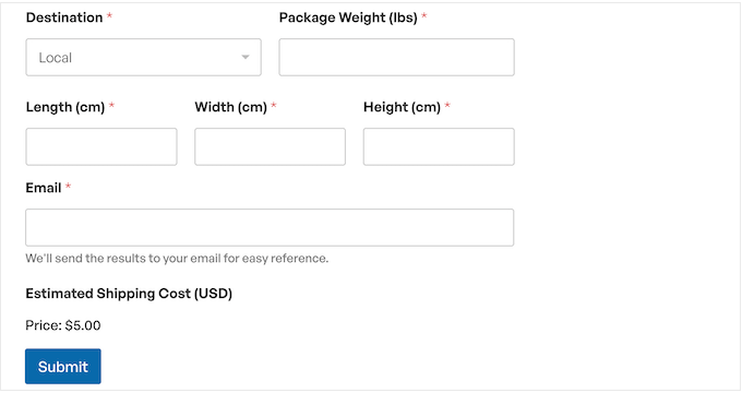 The WPForms shipping calculator form