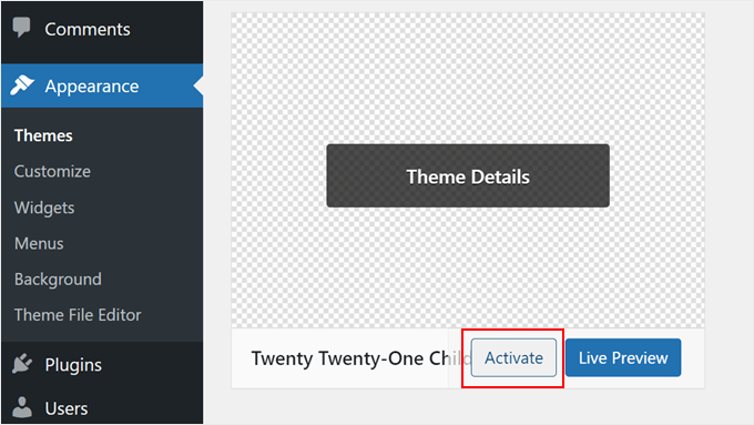 Activating a child theme in WordPress admin Activating a child theme in WordPress admin