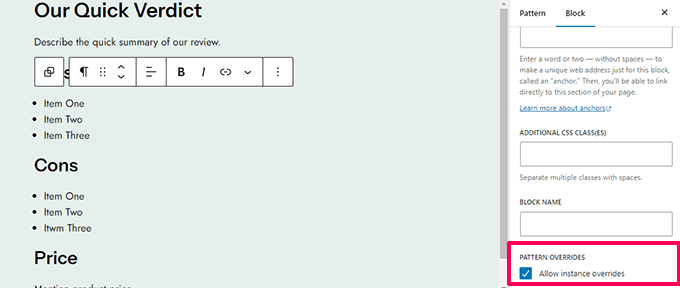 Consenti override di istanza Consenti override di istanza