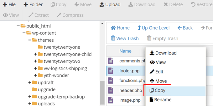 Copying footer.php in Bluehost file manager Copying footer.php in Bluehost file manager