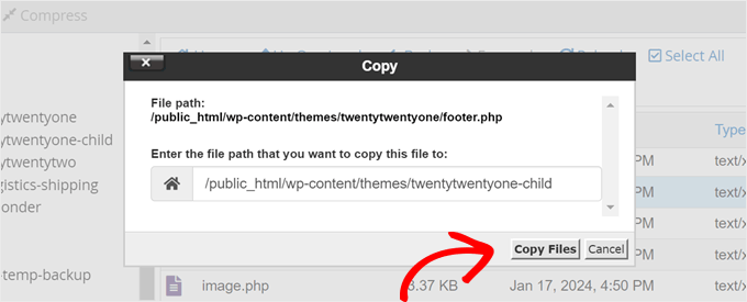 Entering the child theme's file path to copy and paste the footer.php into inside Bluehost file manager Entering the child theme's file path to copy and paste the footer.php into inside Bluehost file manager
