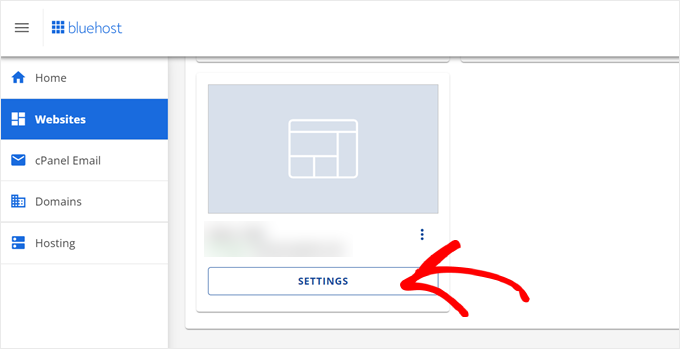 Clicking the Settings button on an empty Bluehost website Clicking the Settings button on an empty Bluehost website