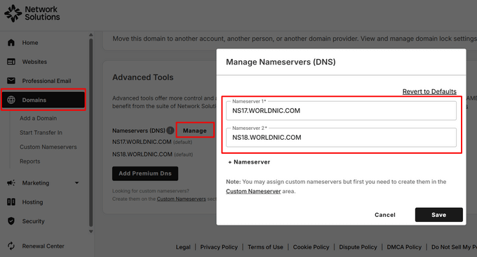 Change nameservers in Network Solutions