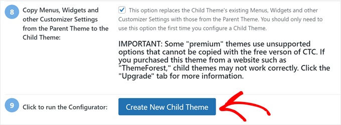 Clicking the Create New Child Theme button in Child Theme Configurator Clicking the Create New Child Theme button in Child Theme Configurator