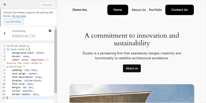 Inserimento di CSS personalizzato nel tema a blocchi per lo stile del primo e dell'ultimo link di navigazione