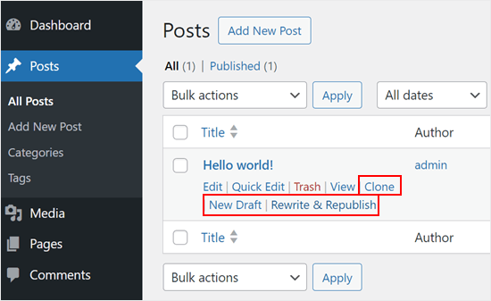 Opțiunile din meniul Duplicare Postare de sub o postare de blog în administratorul WordPress Opțiunile din meniul Duplicare Postare de sub o postare de blog în administratorul WordPress