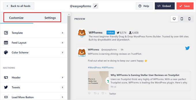 La interfaz de edición del Feed de Twitter en Smash Balloon La interfaz de edición del Feed de Twitter en Smash Balloon