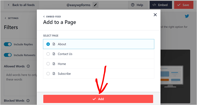 Seleccionando una página para embeber el Feed de Twitter usando Smash Balloon Seleccionando una página para embeber el Feed de Twitter usando Smash Balloon