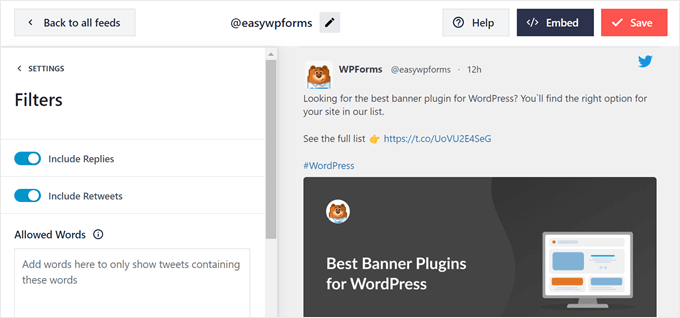 Personalizando los filtros para mostrar el Feed de Twitter en Smash Balloon Personalizando los filtros para mostrar el Feed de Twitter en Smash Balloon