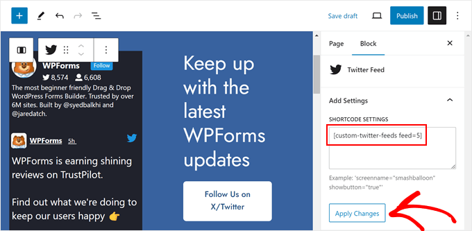 Insertando un shortcode en el bloque de Feed de Twitter de Smash Balloon Insertando un shortcode en el bloque de Feed de Twitter de Smash Balloon