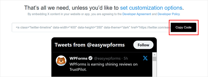 Copiando un código de inserción de Twitter Publish Copiando un código de inserción de Twitter Publish