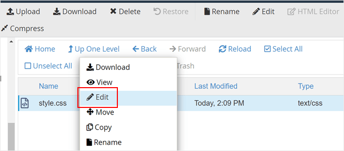 Editing a style.css file in Bluehost file manager Editing a style.css file in Bluehost file manager