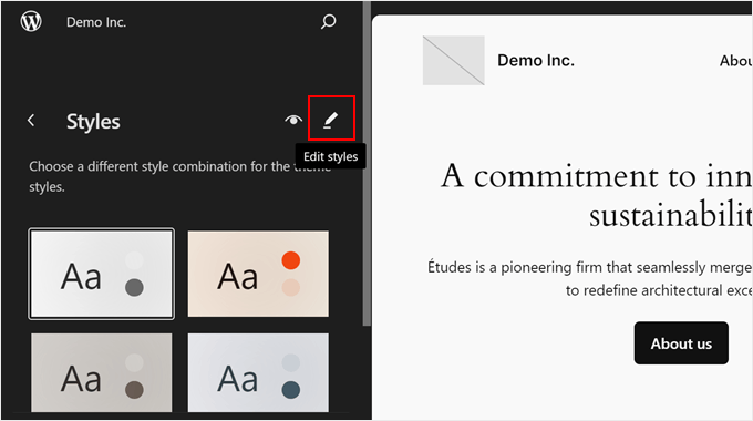 Clicking the Edit Styles button in the Full Site Editor Clicking the Edit Styles button in the Full Site Editor