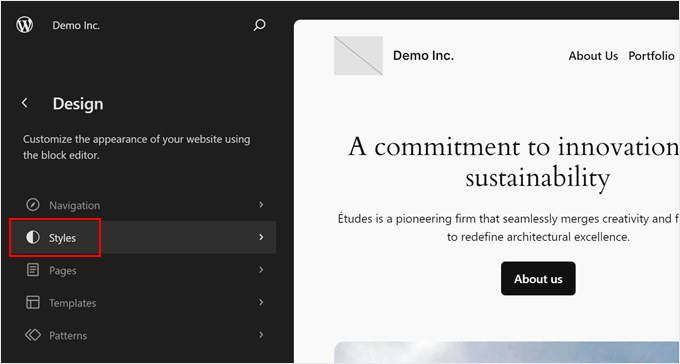 Opening the Styles menu in Full Site Editor Opening the Styles menu in Full Site Editor