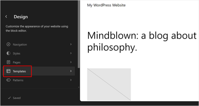 Selecting the Templates menu in WordPress Full Site Editor Selecting the Templates menu in WordPress Full Site Editor