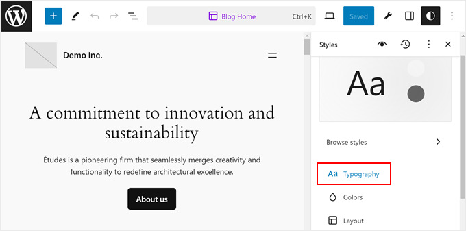 Clicking the Typography menu in Full Site Editor Clicking the Typography menu in Full Site Editor