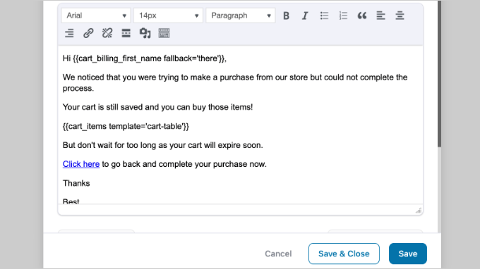 Add abandoned cart email content in the action prompt