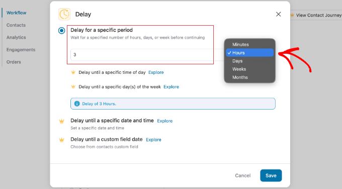 Add delay time for the action in the workflow