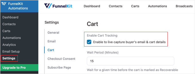 Check the box to set up cart tracking