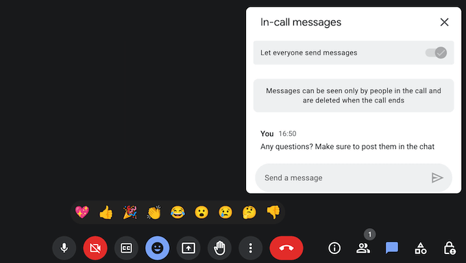 Sending text messages and reactions in Google Meet Sending text messages and reactions in Google Meet