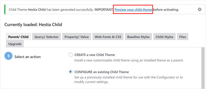 Previewing a child theme in Child Theme Configurator Previewing a child theme in Child Theme Configurator