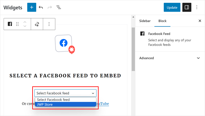 Seleccionar un feed de Facebook para mostrar en la página usando el editor de widgets de WordPress Seleccionar un feed de Facebook para mostrar en la página usando el editor de widgets de WordPress