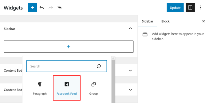 Agregar el feed de Facebook de Smash Balloon en el editor de widgets de WordPress Agregar el feed de Facebook de Smash Balloon en el editor de widgets de WordPress