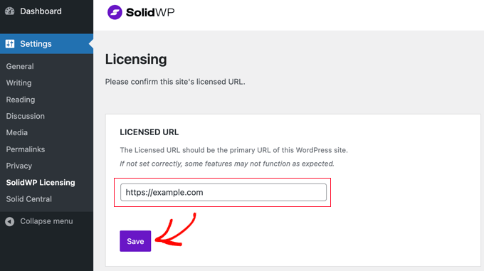 Entrez l'URL de licence de Solid Central pour votre site