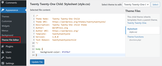Adding custom CSS in a child theme's stylesheet in the theme file editor Adding custom CSS in a child theme's stylesheet in the theme file editor