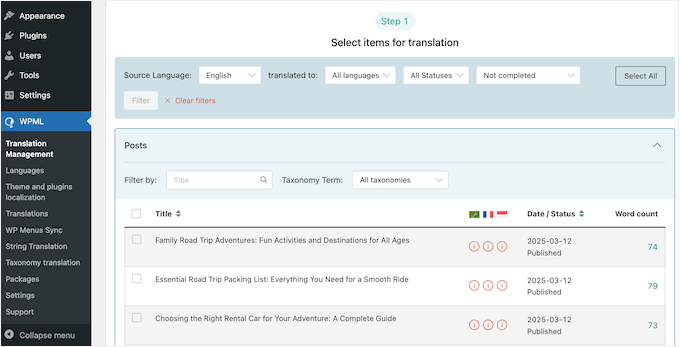 The WPML translation dashboard