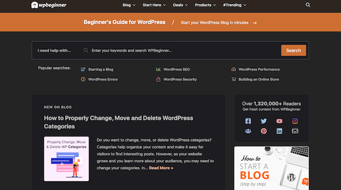 An example of a website with dark mode enabled