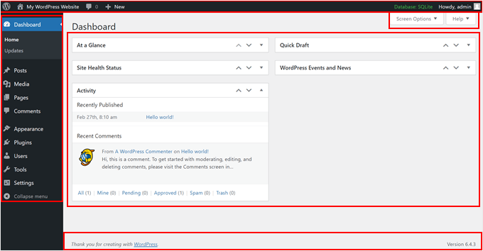 The admin screen areas in WordPress The admin screen areas in WordPress