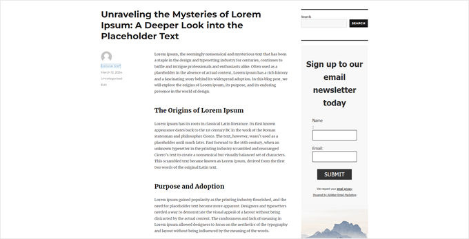 Um exemplo do formulário web adicionado com o plugin AWeber