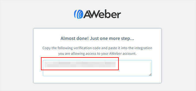 Copiando o código de verificação da AWeber para o plugin AWeber
