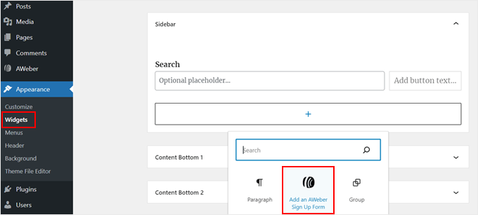 Selecionando o widget da AWeber e adicionando-o a uma barra lateral
